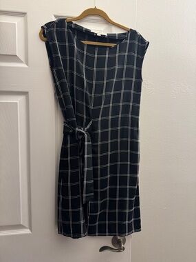 LOFT Black Windowpane Midi Dress with Side Tie